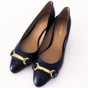 Nine West black wedged heels with gold buckle